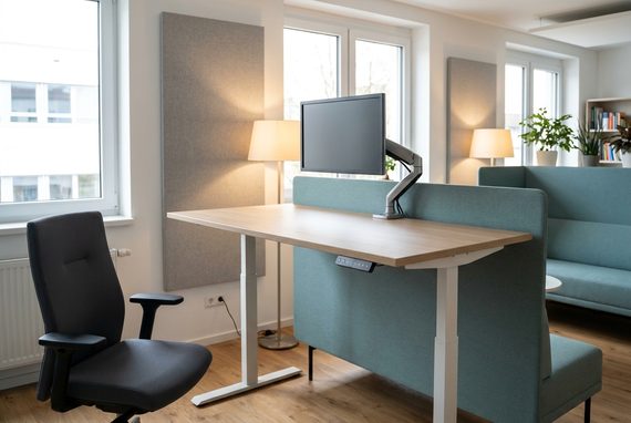 Elektrisch höhenverstellbarer Schreibtisch mit Bildschirm am Monitorarm